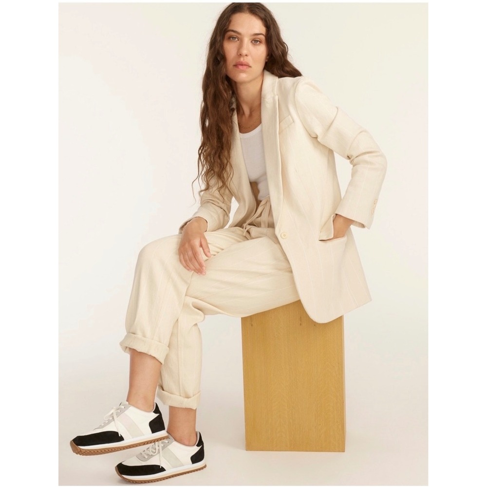 J.Crew Womens Alfie Blazer Size 0 Cotton Blend‎ Jacket Ivory Beige Denim Stripe - Picture 2 of 12